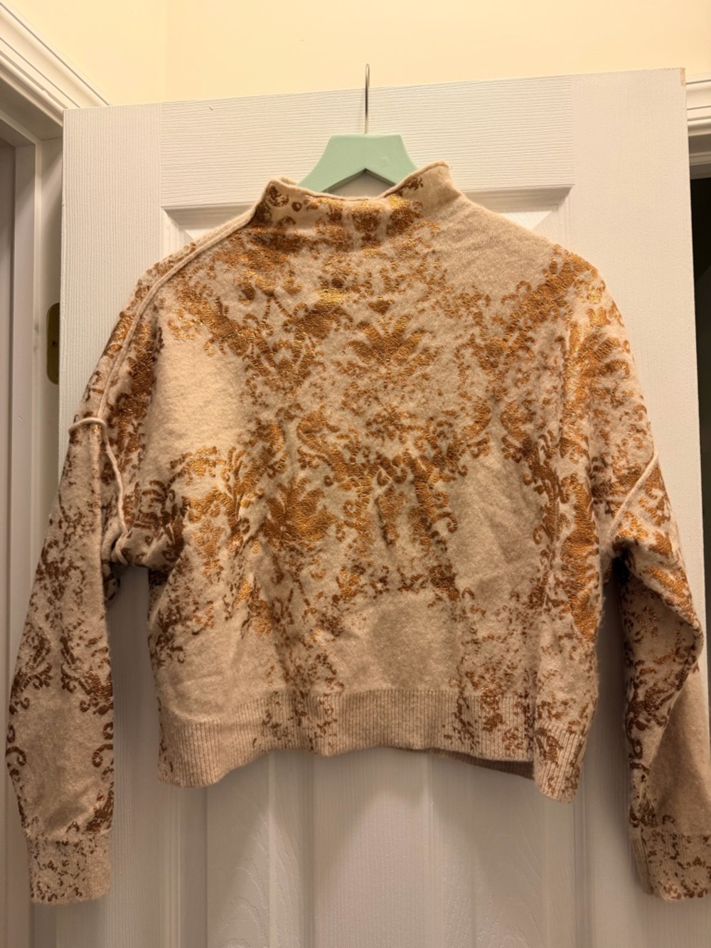 Pilcro Beige & gold Patterned Crewneck Sweater in cashmere.